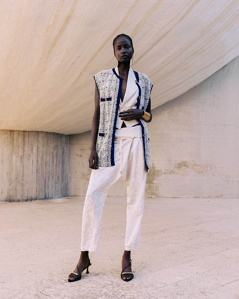 mes demoiselles veste Cadi Gilet long en tweed navy et ecru