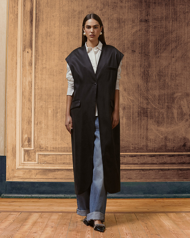 mes demoiselles manteau Farel Longue veste noire élégante en lyocell satiné