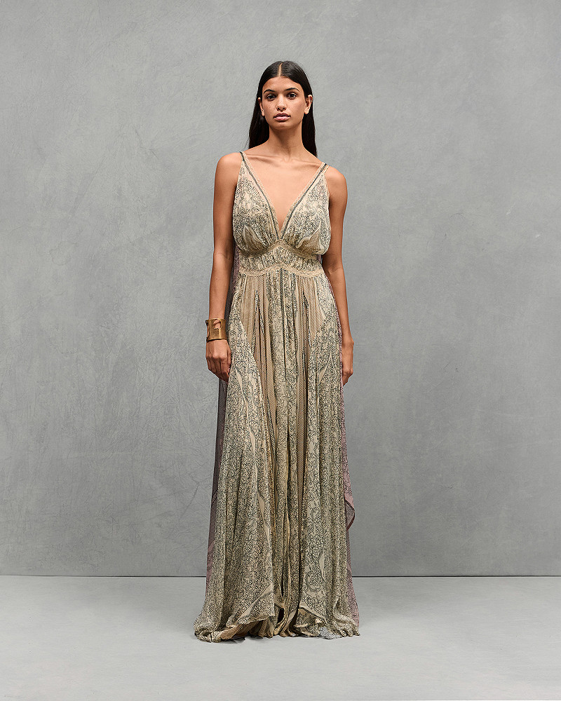 mes demoiselles robe Winona Longue robe en viscose crinkled et impression de dentelle jaune